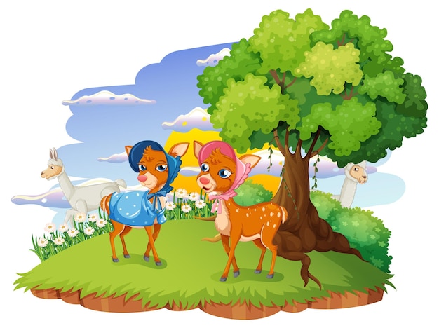 Isolated forest scene with deers in cartoon style