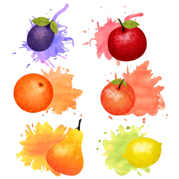 Isolated fruits and berries watercolor set with colorful blots