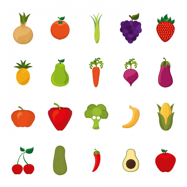 Isolated fruits and vegetables icon set 