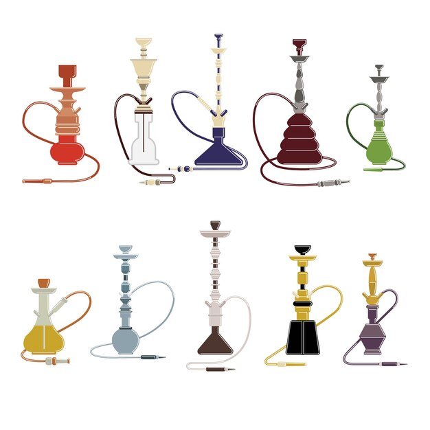 Isolated hookahs set on white background Oriental smoking objects with pipe and tube