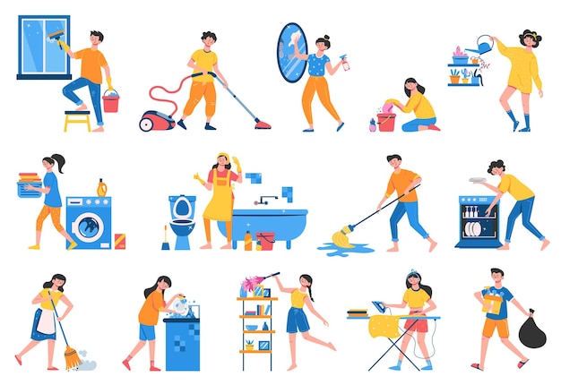 Free vector isolated images of people cleaning their homes taking out the trash and washing their clothes flat vector illustration