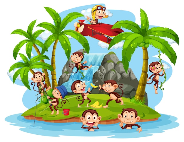 Isolated island with little monkeys cartoon