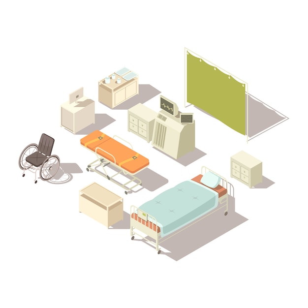 Free vector isolated isometric elements of hospital interior