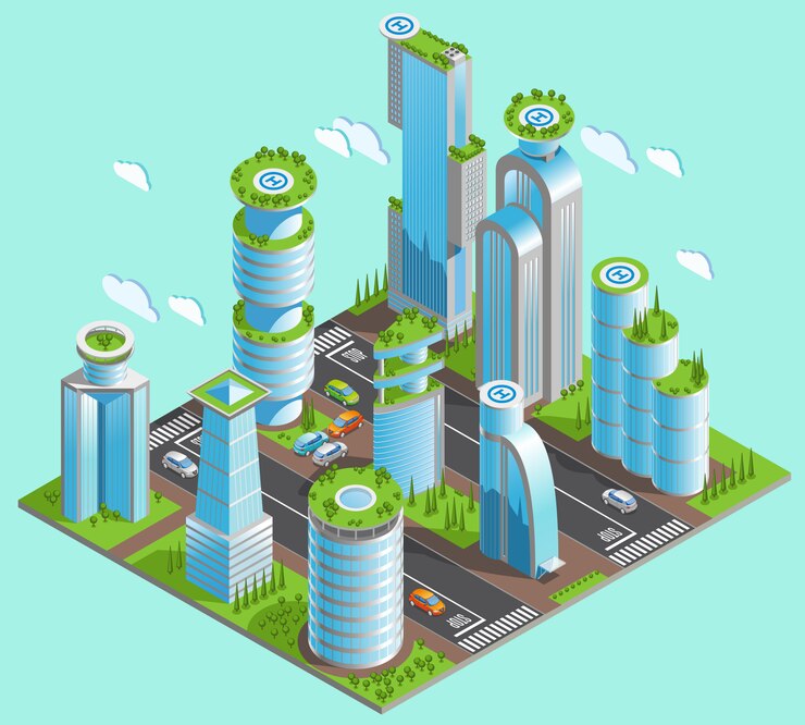 Free Vector isolated and isometric futuristic skyscrapers composition with a lot of office buildings in downtown area