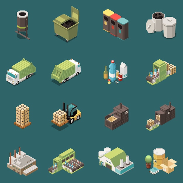 Isolated isometric garbage recycling icon set with separate recycle bag waste baskets and different factory  illustration