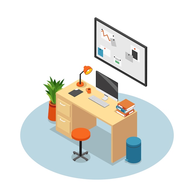 Free vector isolated and isometric office composition workplace with desk monitor chair and table vector illustration