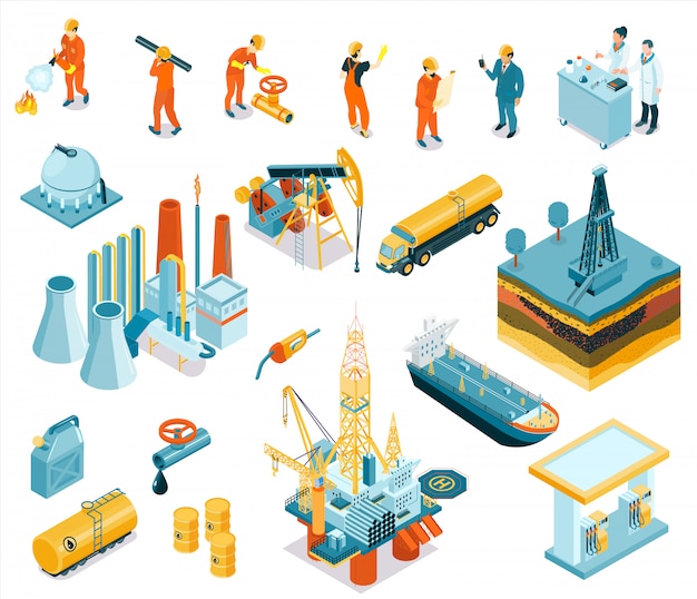Бесплатное векторное изображение Изолированные изометрической нефтяной промышленности значок с работодателями, работающими на заводе