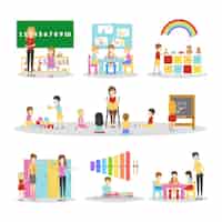 Free vector isolated kindergarten set on white background children with teachers and parents