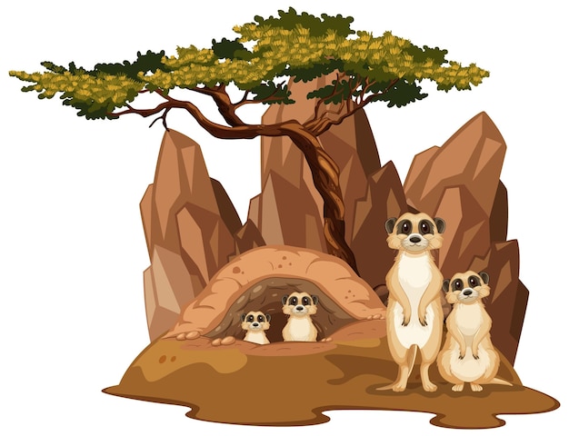 Free vector isolated nature scene with meerkat family