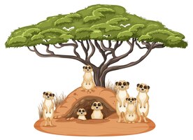 Free vector isolated nature scene with meerkat family