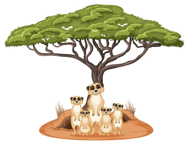 Free vector isolated nature scene with meerkat family