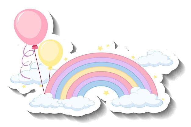 Изолированная пастельная радуга с воздушными шарами мультяшный стикер
