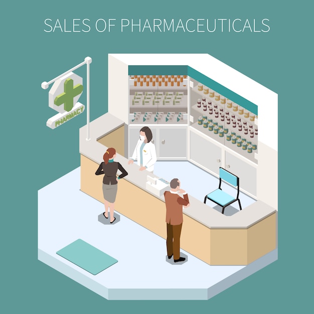 Isolated pharmaceutical production composition with sales of pharmaceuticals headline and pharmacy corner  illustration