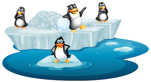Изолированное изображение четырех пингвинов