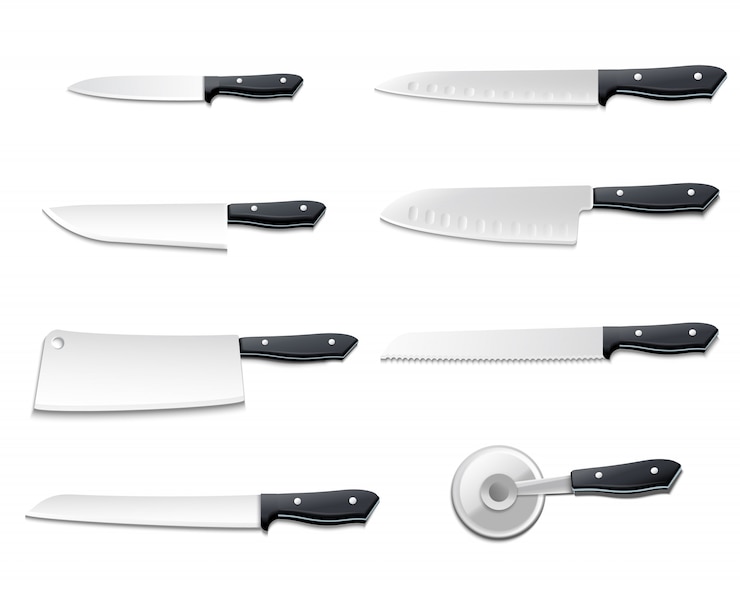 Free Vector isolated realistic knives icon set with sharp blades for pizza meat bread fish vector illustration
