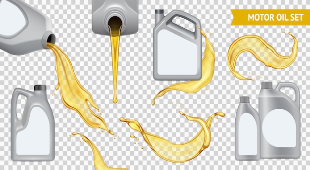 Free vector isolated realistic motor oil transparent icon set jerrycan with yellow oil on transparent