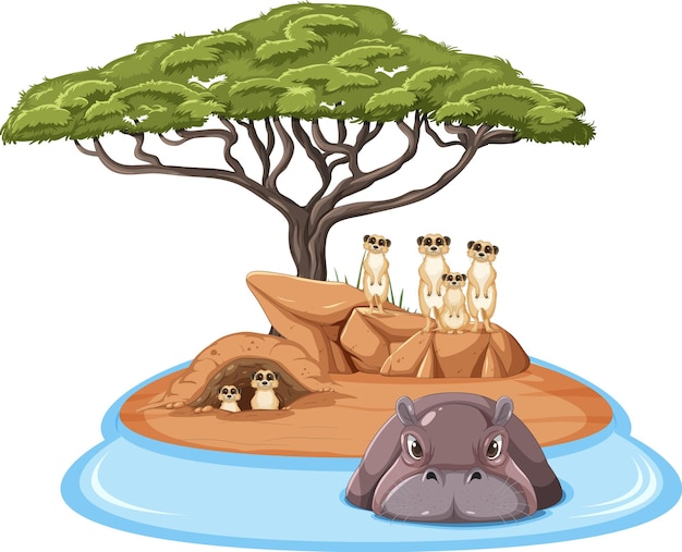Бесплатное векторное изображение Изолированный лес саванны с сурикатом и бегемотом