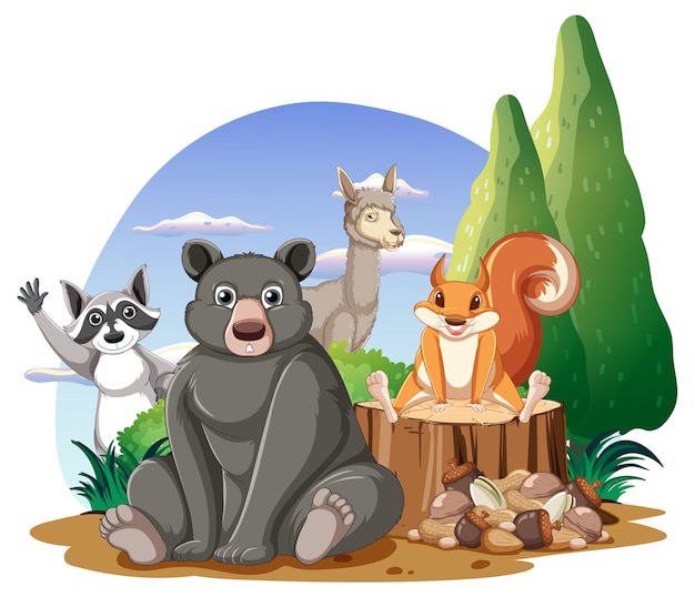 Free vector isolated scene with different cute animals