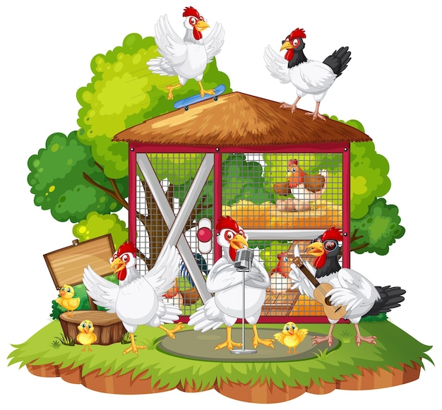 Free vector an isolated scene with a group of chickens in cartoon style