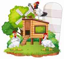 Free vector an isolated scene with a group of chickens in cartoon style