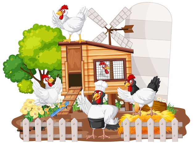 Free vector an isolated scene with a group of chickens in cartoon style