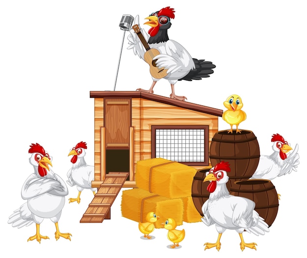 Una scena isolata con un gruppo di polli in stile cartone animato