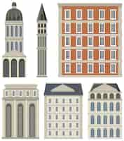 무료 벡터 단순 한 스타일 의 유럽 건물 들 의 고립 된 집합
