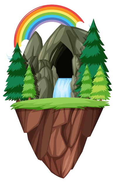 Free vector isolated stone cave with pine trees and rainbow