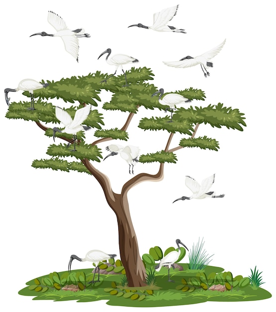 호주 흰색 따오기 그룹이 있는 고립된 나무