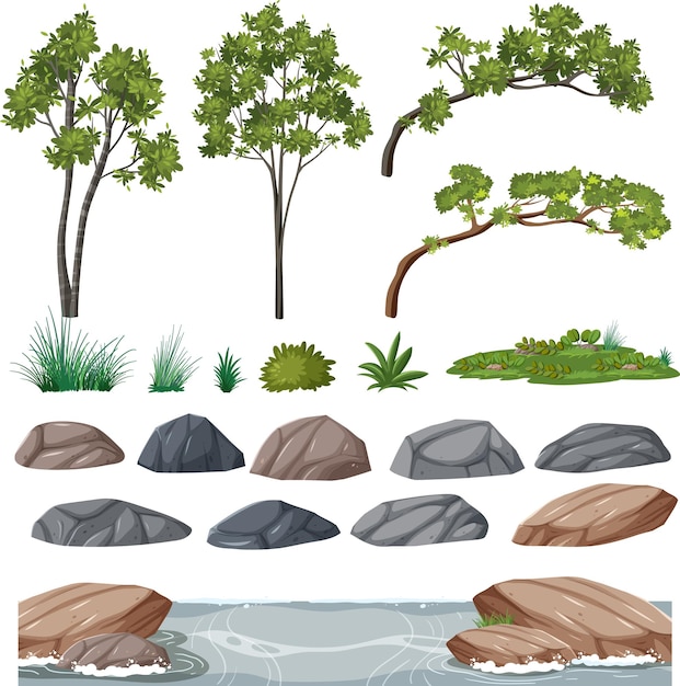 Free vector isolated trees and nature objects set