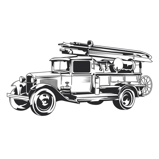 Isolated vintage fire truck hand drawn illustration.