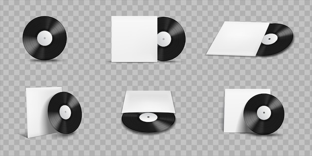 分離されたビニールレコードは、透明な背景のベクトル図に白いパッケージで設定されたモックアップの現実的なアイコンをカバーしています