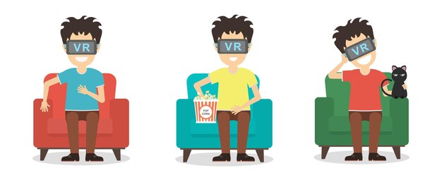 Isolated vr man set. Young smiling man using vr glasses sits on armchair on white background. Augmented reality, new technologies. 3D film.