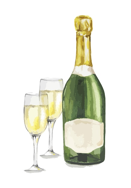 白い背景の上のガラスと孤立した水彩シャンパンボトル。メニュー、カフェ、レストランの装飾用のアルコールボトル。