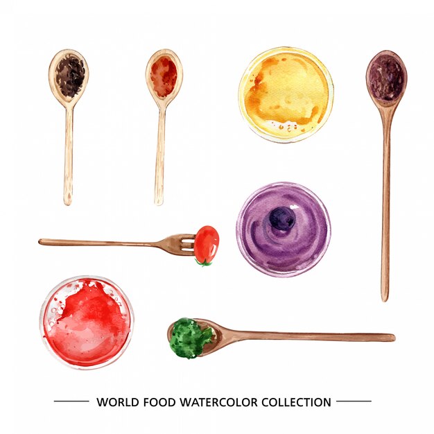 isolated watercolor sauce, oil, broccoli illustration