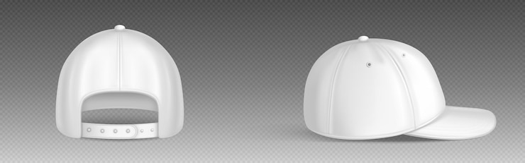 Free Vector isolated white blank baseball cap vector mockup template sport hat uniform back and side design mock up with visor 3d realistic head wear fashion with ball empty apparel for advertisement identity
