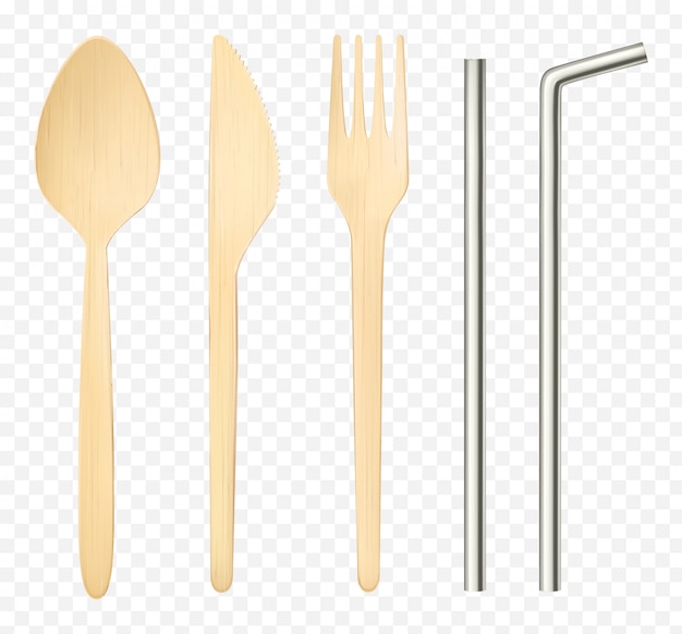 Isolated wood fork, spoon knife and steel straws top view 