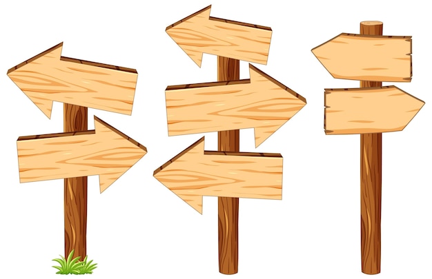 Isolated wooden arrow directional signs in vector cartoon style