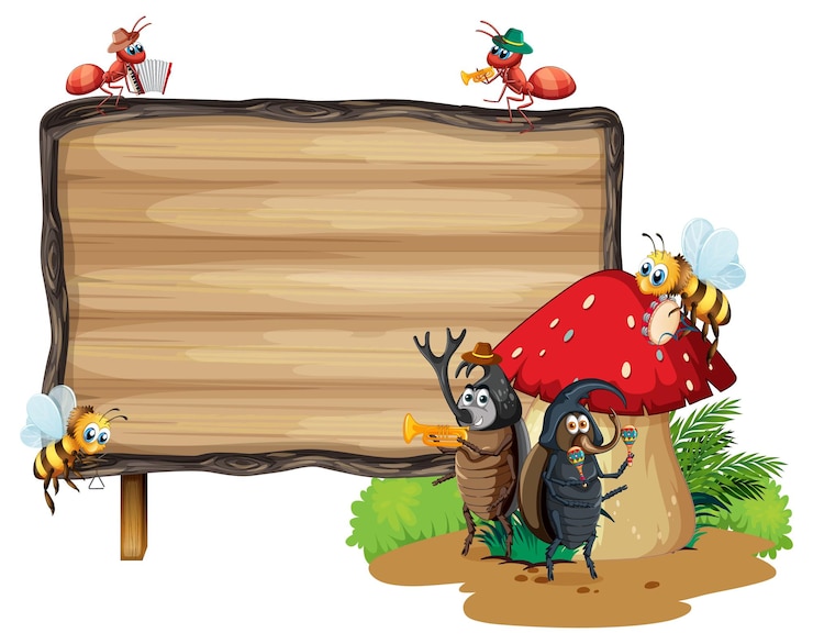 Free Vector isolated wooden banner with cute insect in nature