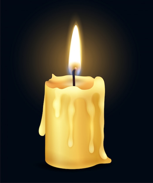 Isolated yellow realistic burning candle flame fire light composition in the dark  illustration