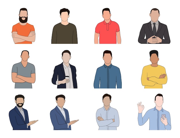 Free vector isolated young handsome man set in different poses on white background illustration