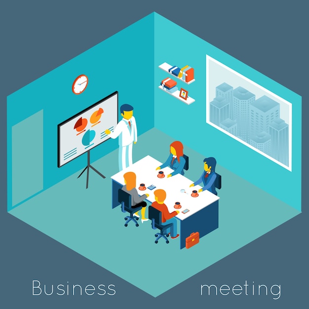 아이소 메트릭 3d 비즈니스 회의. 팀워크 및 브레인 스토밍, 협업 및 동료, 프로세스 컨퍼런스