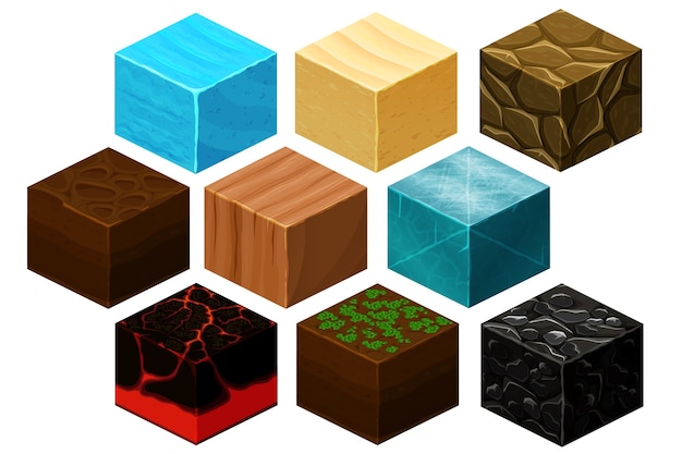 Free vector isometric 3d cube textures vector set for computer games. cube for game, element texture, nature brick for computer game illustration