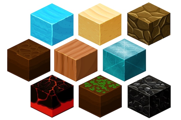 아이소 메트릭 3D 큐브 텍스처 벡터 컴퓨터 게임에 대 한 설정. 게임, 요소 질감, 컴퓨터 게임 그림을위한 자연 벽돌 큐브