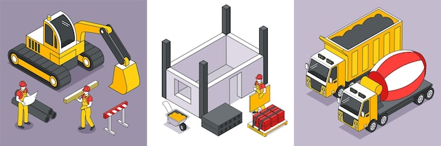 Free vector isometric 3d design concept with construction builders and building machinery isolated illustration