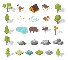 Free vector isometric 3d forest camping elements for landscape design. tent and deer, camp and bear, butterflies and mushrooms, map and pond. vector illustration