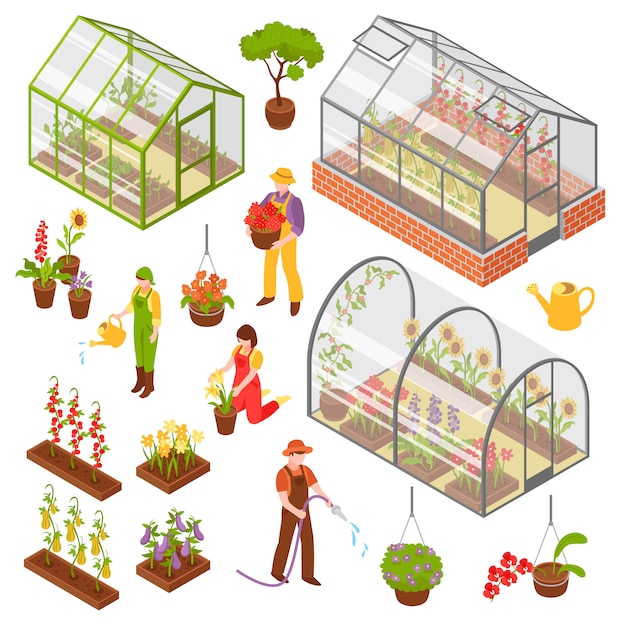 Free vector isometric 3d greenhouse icon set