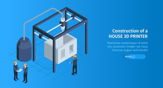 Isometric 3d printing horizontal banner with slider button text and building cage with 3d printer appliances  illustration