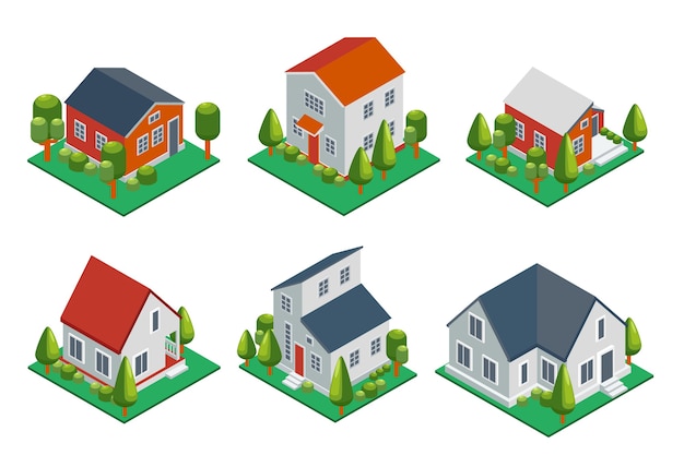 Isometric 3d private house, rural buildings and cottages icons set. Architecture real estate, property and home, 