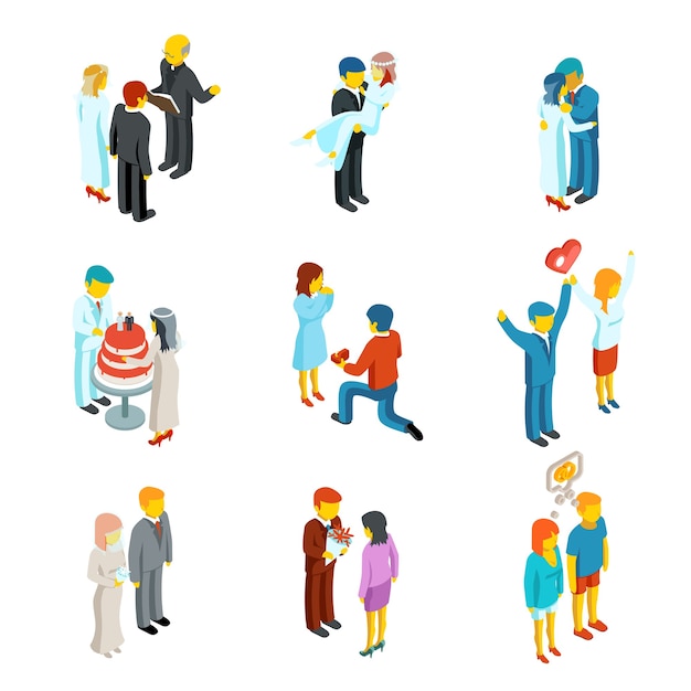 Бесплатное векторное изображение Набор иконок изометрическая 3d отношения и свадьбы людей. пара любви, люди женщина и мужчина семья